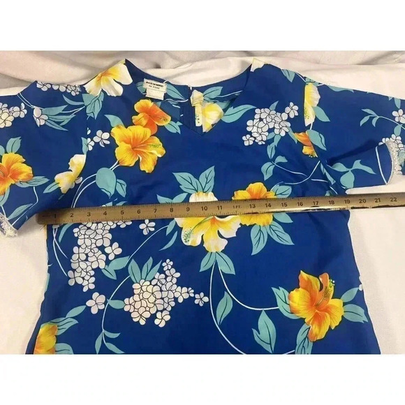 Made in Hawaii Vintage MuuMuu Maxi Dress Blue with Yellow Hibiscus Ladies Sz 14 - Picture 8 of 9